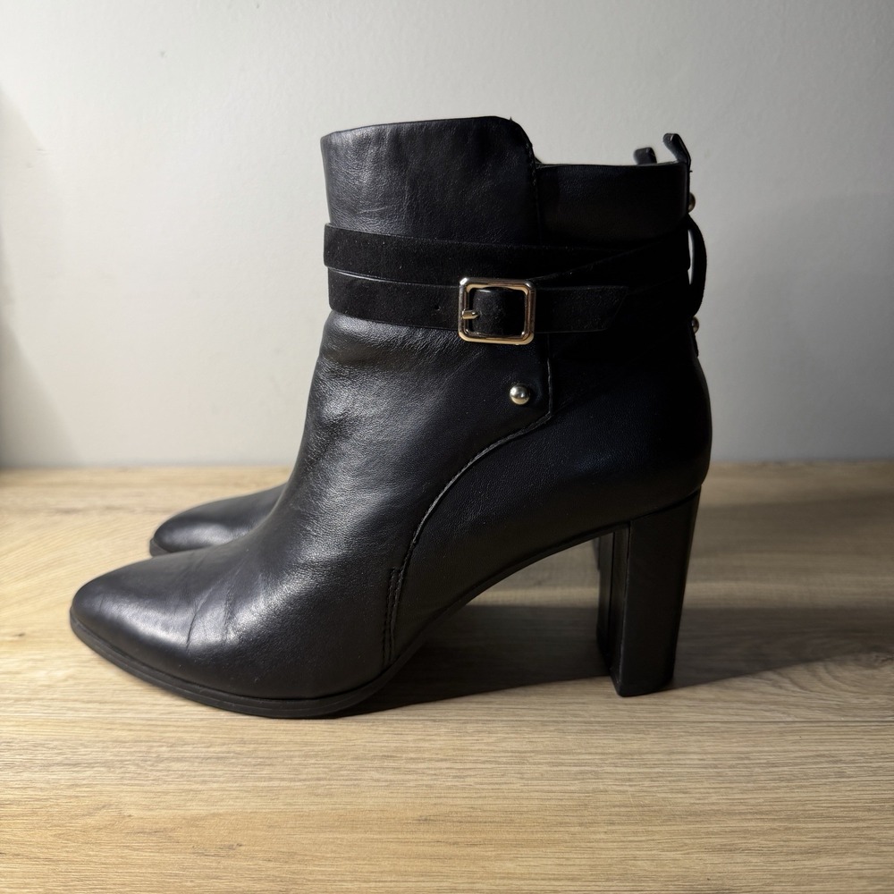 Essex Lane Black Heeled Ankle Boots Pointed Toe Buckle Strap Zip Booties Women 8